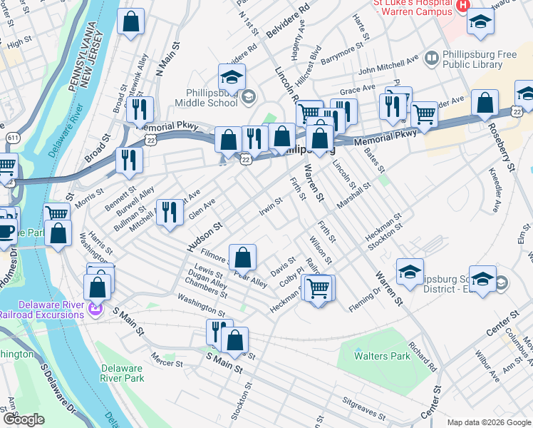map of restaurants, bars, coffee shops, grocery stores, and more near in Phillipsburg