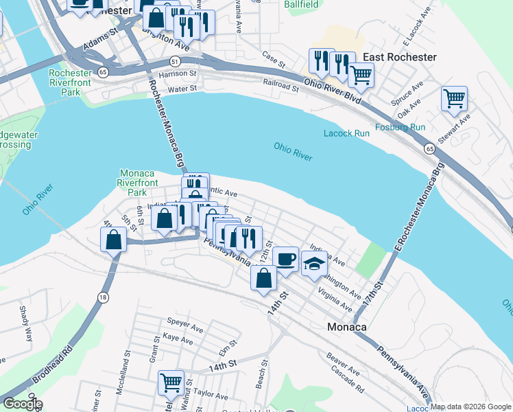 map of restaurants, bars, coffee shops, grocery stores, and more near 1099 Atlantic Avenue in Monaca
