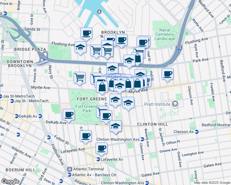 map of restaurants, bars, coffee shops, grocery stores, and more near 374 Myrtle Avenue in Brooklyn