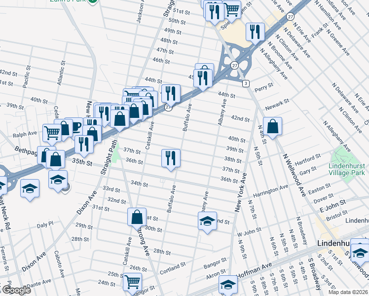 map of restaurants, bars, coffee shops, grocery stores, and more near 311 39th Street in Lindenhurst
