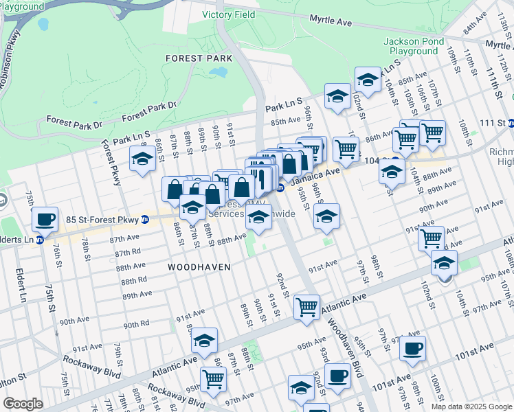 map of restaurants, bars, coffee shops, grocery stores, and more near 87-09 92nd Street in Queens