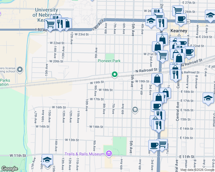 map of restaurants, bars, coffee shops, grocery stores, and more near 800-898 West 19th Street in Kearney