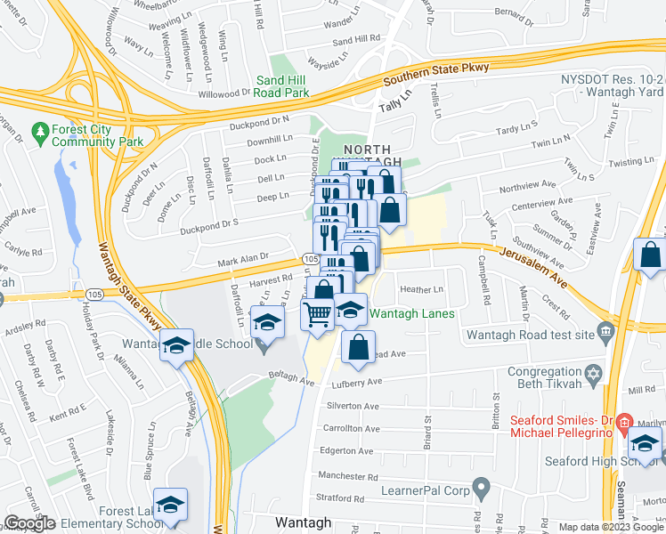 map of restaurants, bars, coffee shops, grocery stores, and more near 3344 Jerusalem Avenue in Wantagh