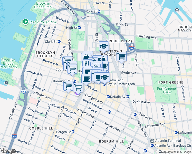 map of restaurants, bars, coffee shops, grocery stores, and more near 351 Jay Street in Brooklyn