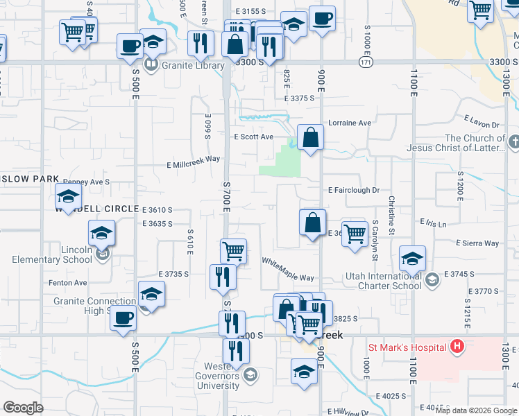 map of restaurants, bars, coffee shops, grocery stores, and more near 3592 South 805 East Street in Millcreek