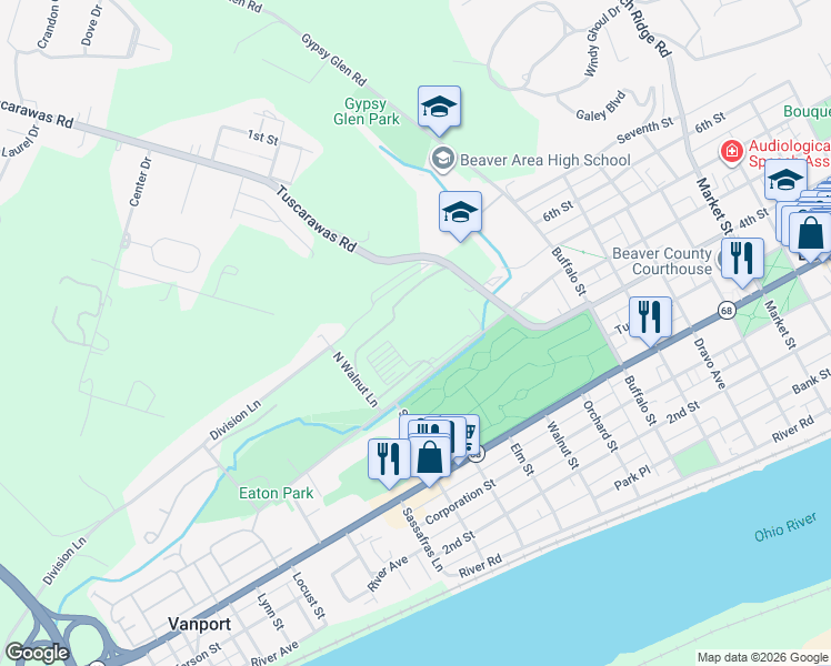 map of restaurants, bars, coffee shops, grocery stores, and more near 1 Tuscarawas Road in Beaver
