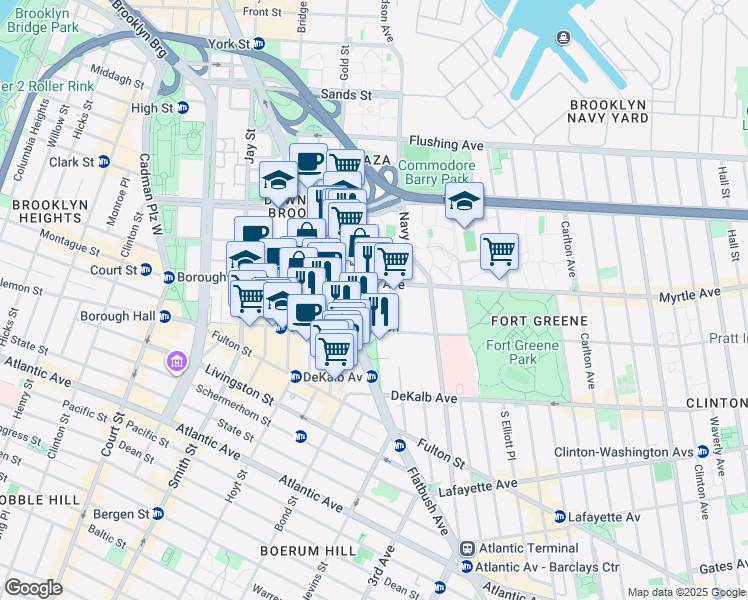 map of restaurants, bars, coffee shops, grocery stores, and more near 166 Myrtle Avenue in Brooklyn