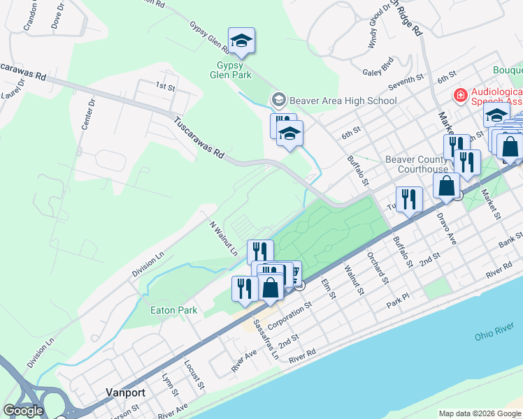 map of restaurants, bars, coffee shops, grocery stores, and more near 1 Tuscarawas Road in Beaver