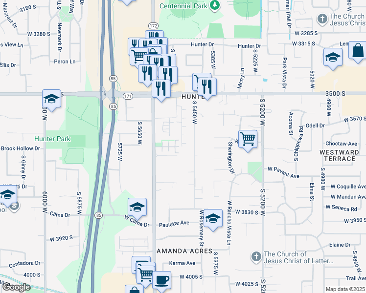 map of restaurants, bars, coffee shops, grocery stores, and more near 5491 Fade Court in West Valley City