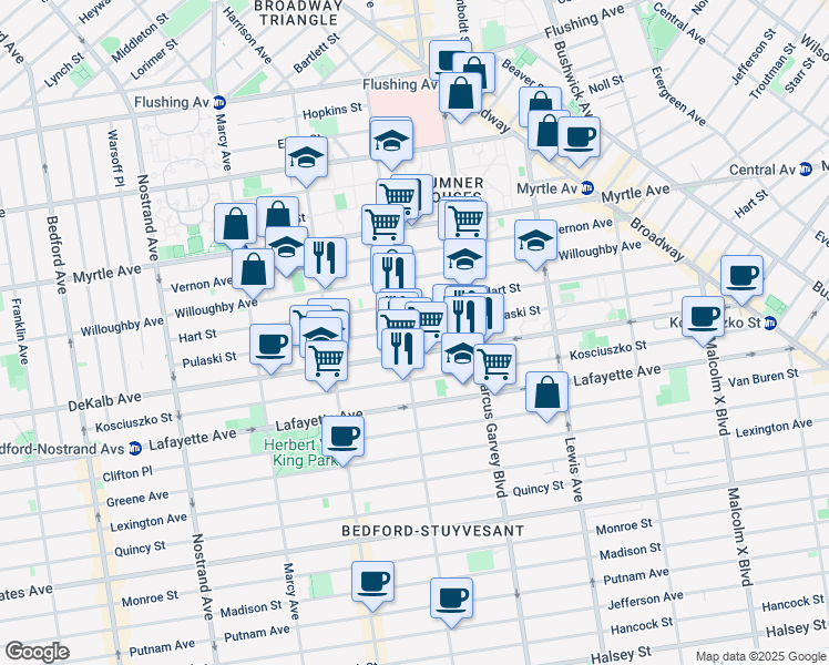 map of restaurants, bars, coffee shops, grocery stores, and more near 226 Pulaski Street in Brooklyn