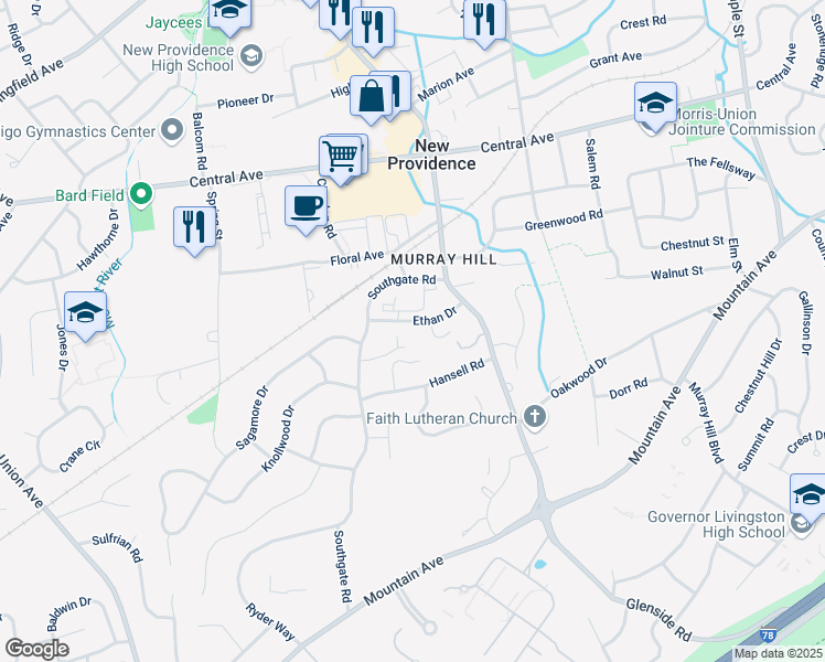 map of restaurants, bars, coffee shops, grocery stores, and more near 44 Ethan Drive in New Providence