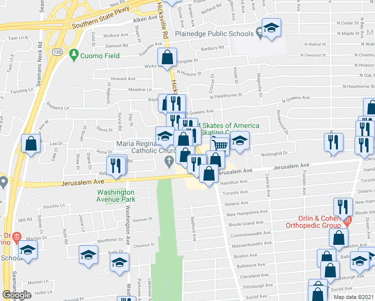 map of restaurants, bars, coffee shops, grocery stores, and more near 1304 Hicksville Road in Massapequa