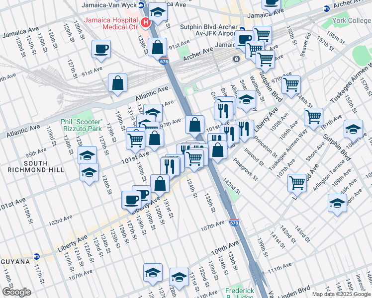 map of restaurants, bars, coffee shops, grocery stores, and more near 101-10 Van Wyck Expressway in Queens