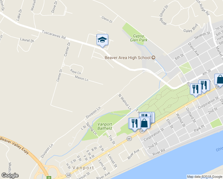 map of restaurants, bars, coffee shops, grocery stores, and more near 208 Division Lane in Beaver