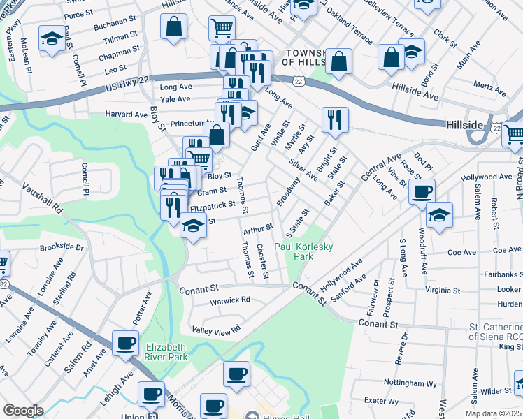 map of restaurants, bars, coffee shops, grocery stores, and more near 198 Fitzpatrick Street in Hillside