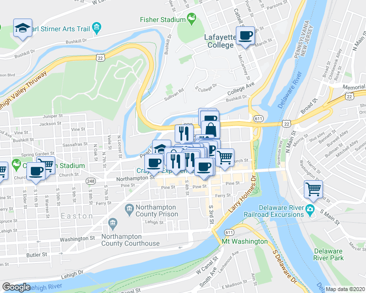 map of restaurants, bars, coffee shops, grocery stores, and more near 84 North 4th Street in Easton