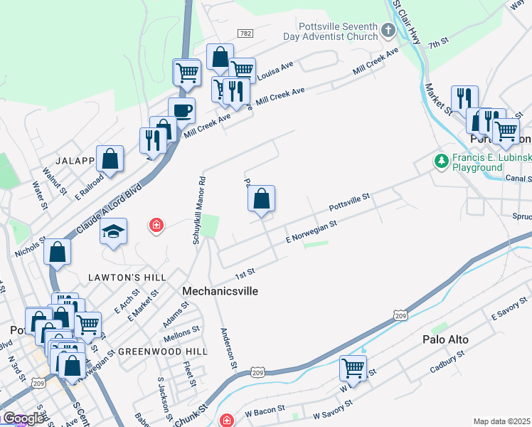 map of restaurants, bars, coffee shops, grocery stores, and more near Port Carbon Street in Mechanicsville