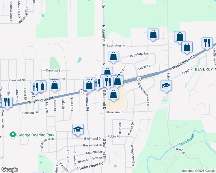 map of restaurants, bars, coffee shops, grocery stores, and more near 2271 Washington Road in Washington
