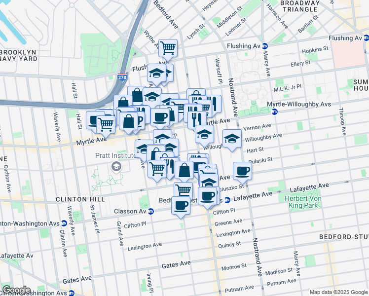 map of restaurants, bars, coffee shops, grocery stores, and more near 176 Skillman Street in Brooklyn