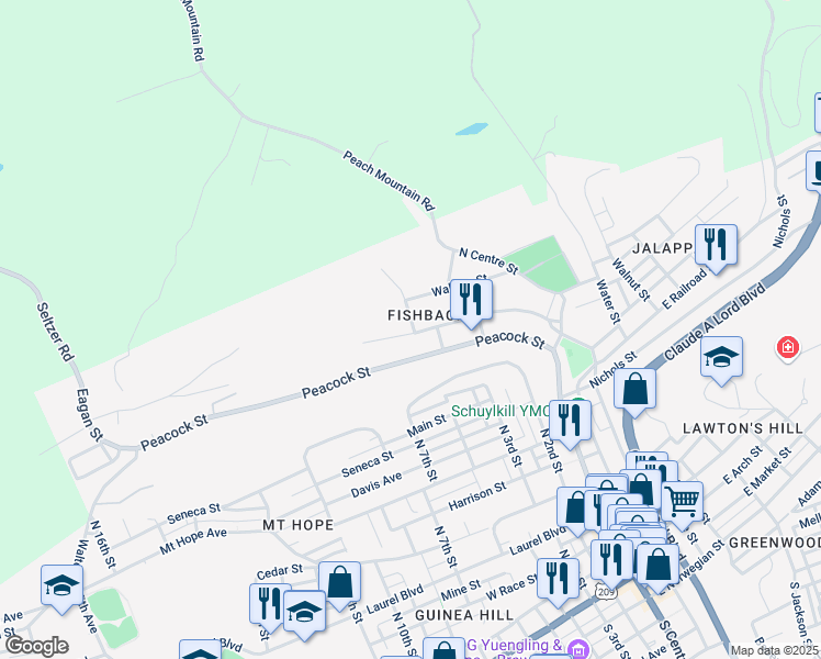 map of restaurants, bars, coffee shops, grocery stores, and more near 316 West Railroad Street in Pottsville