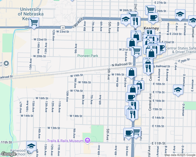 map of restaurants, bars, coffee shops, grocery stores, and more near 1800-1898 6th Avenue in Kearney