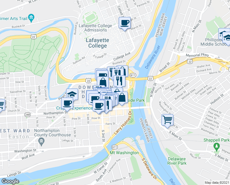 map of restaurants, bars, coffee shops, grocery stores, and more near 72 North 2nd Street in Easton