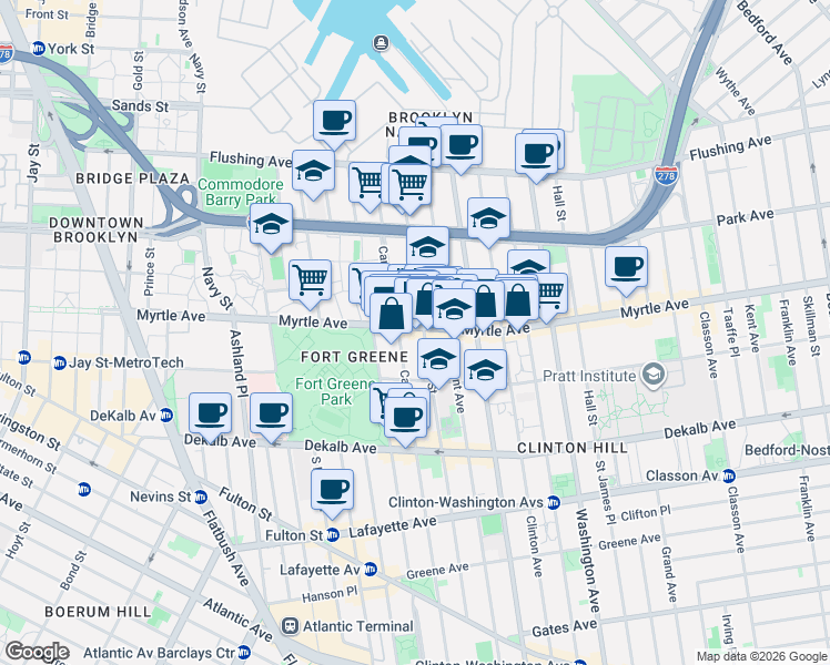 map of restaurants, bars, coffee shops, grocery stores, and more near 352 Myrtle Avenue in Brooklyn