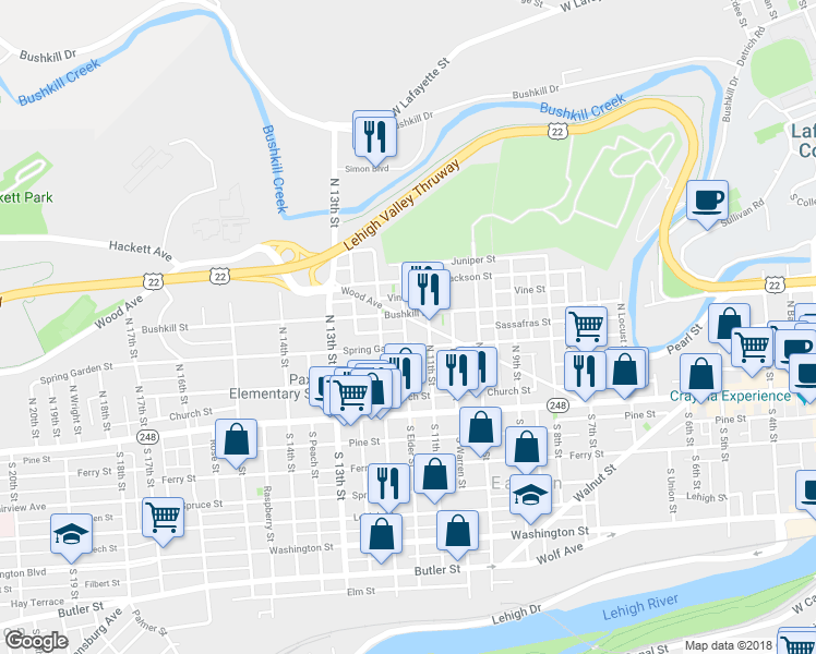 map of restaurants, bars, coffee shops, grocery stores, and more near 1126 Wood Avenue in Easton