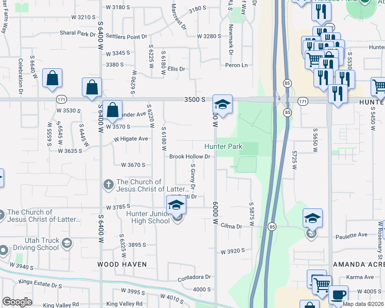 map of restaurants, bars, coffee shops, grocery stores, and more near 6080 Brook Hollow Drive in West Valley City