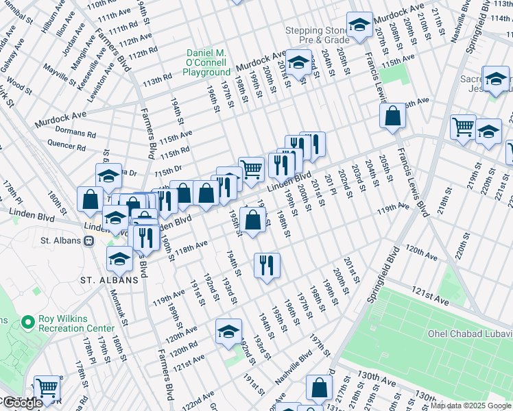 map of restaurants, bars, coffee shops, grocery stores, and more near 117-03 197th Street in Queens