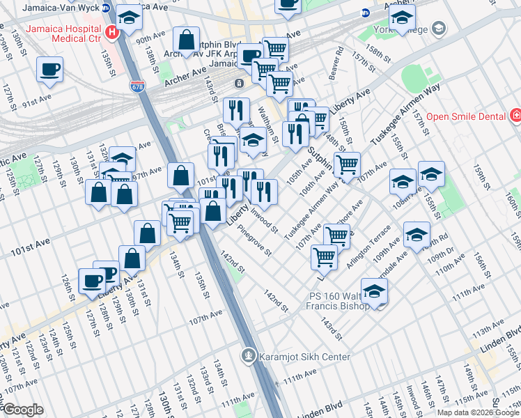 map of restaurants, bars, coffee shops, grocery stores, and more near 145-10 Liberty Avenue in Queens