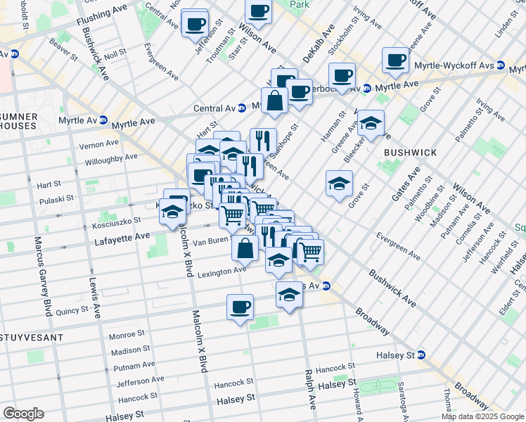 map of restaurants, bars, coffee shops, grocery stores, and more near 1154 Lafayette Avenue in Brooklyn