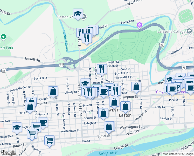 map of restaurants, bars, coffee shops, grocery stores, and more near 1126 Wood Avenue in Easton