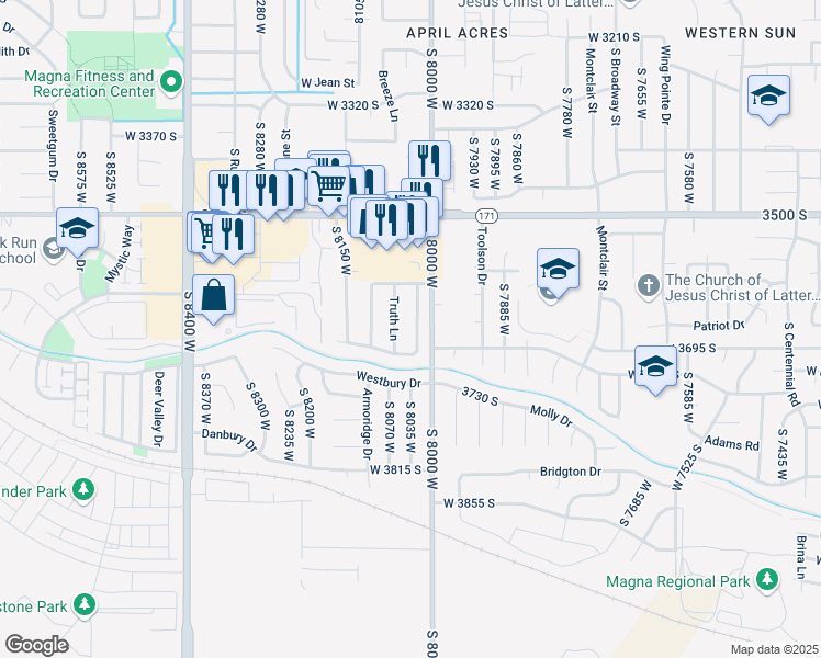 map of restaurants, bars, coffee shops, grocery stores, and more near 3618 Country West Drive in Magna