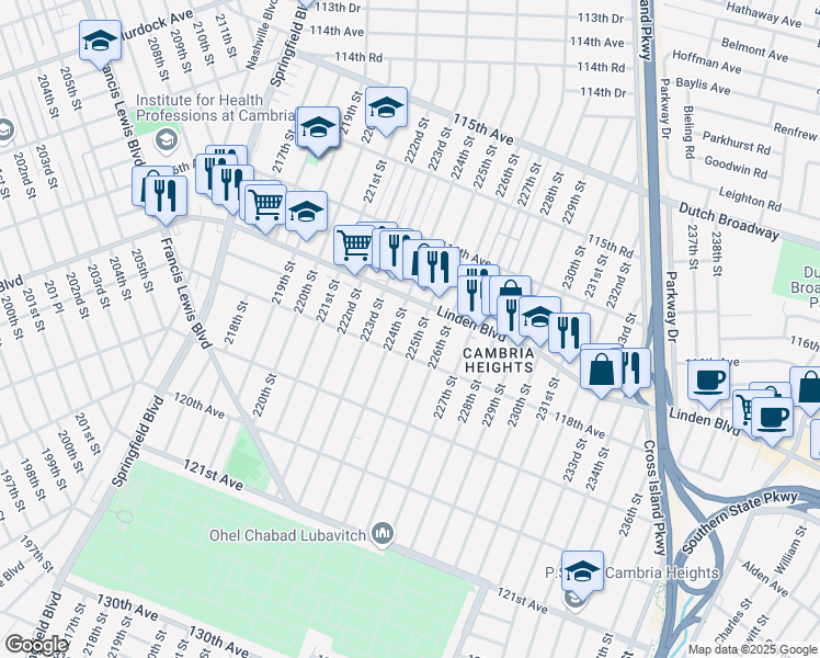 map of restaurants, bars, coffee shops, grocery stores, and more near 117-16 224th Street in Queens