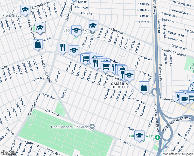 map of restaurants, bars, coffee shops, grocery stores, and more near 117-16 224th Street in Queens