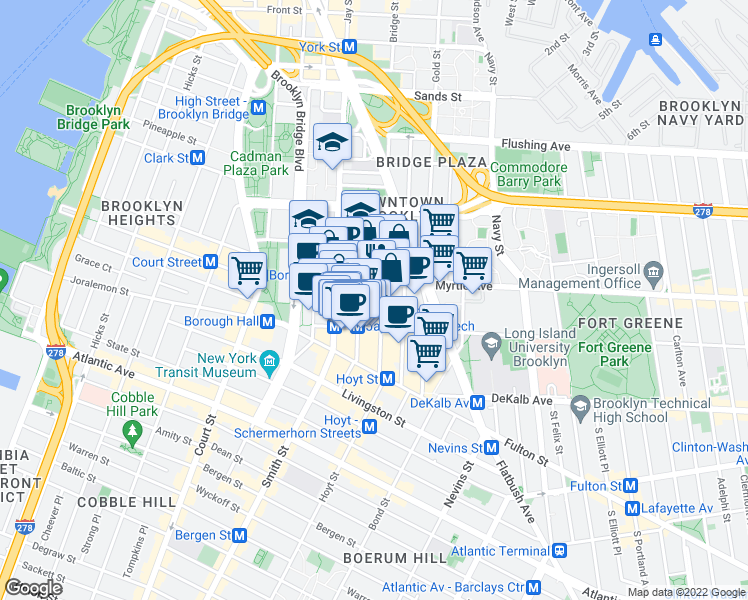 map of restaurants, bars, coffee shops, grocery stores, and more near 2 Metrotech Roadway in Brooklyn