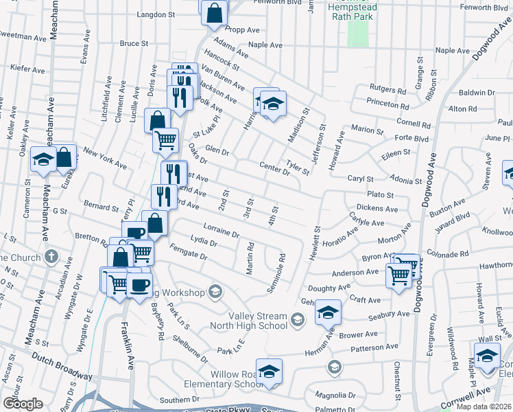 map of restaurants, bars, coffee shops, grocery stores, and more near 947 1st Avenue in Franklin Square