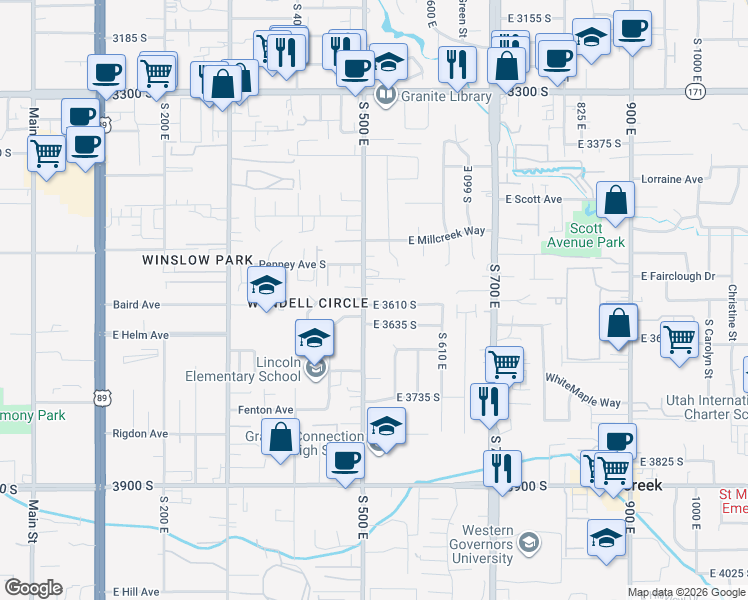 map of restaurants, bars, coffee shops, grocery stores, and more near 3579 500 East in South Salt Lake