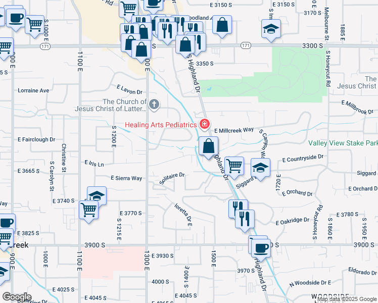 map of restaurants, bars, coffee shops, grocery stores, and more near 1412 East Millstream Lane in Millcreek