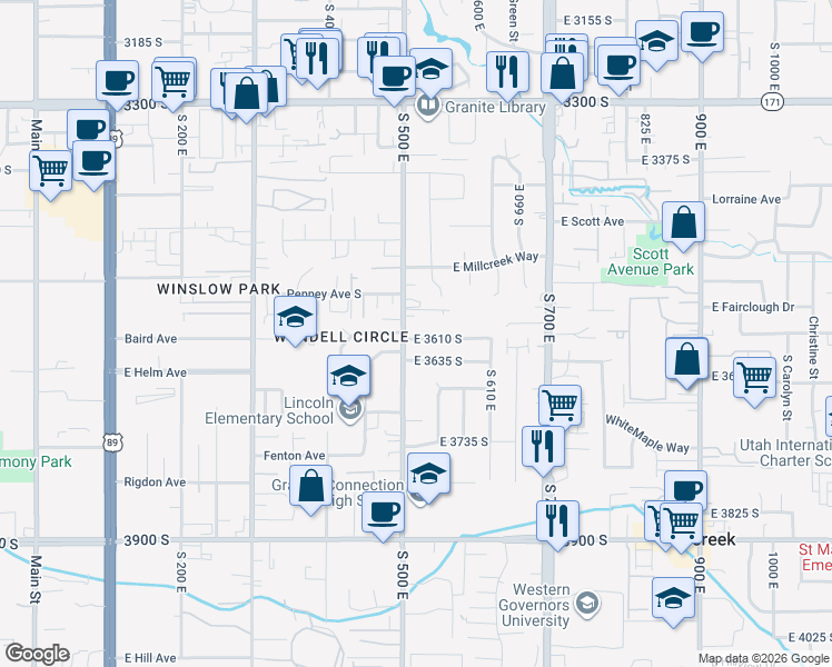 map of restaurants, bars, coffee shops, grocery stores, and more near 3579 500 East in South Salt Lake