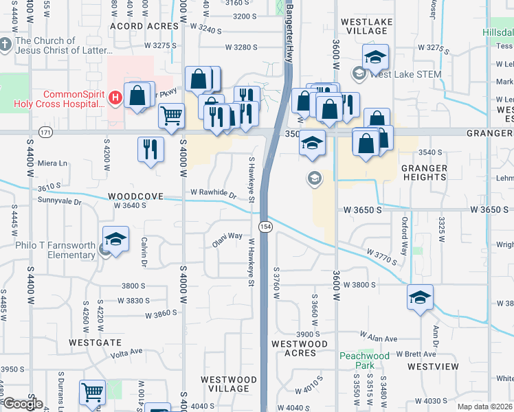 map of restaurants, bars, coffee shops, grocery stores, and more near 3649 South Hawkeye Street in West Valley City