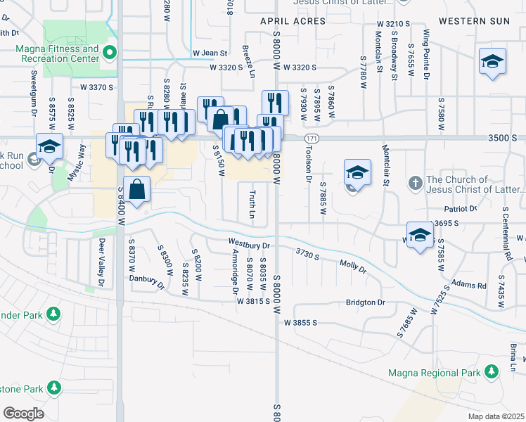 map of restaurants, bars, coffee shops, grocery stores, and more near 3618 Country West Drive in Magna