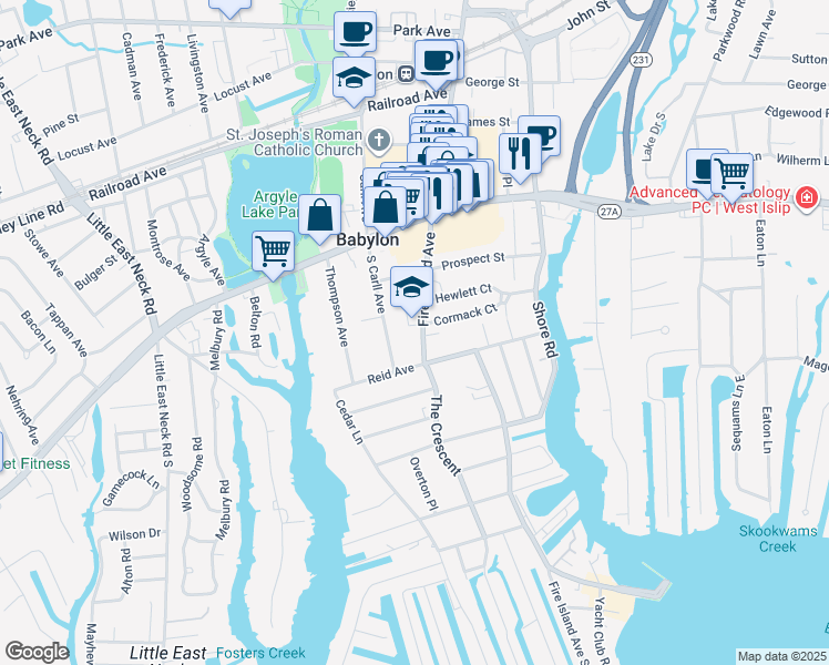 map of restaurants, bars, coffee shops, grocery stores, and more near 67 South Carll Avenue in Babylon