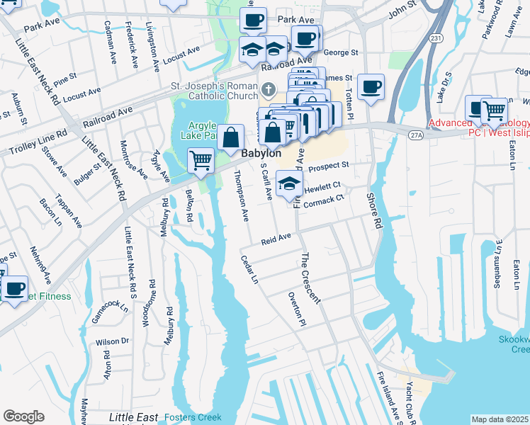 map of restaurants, bars, coffee shops, grocery stores, and more near 53 Thompson Avenue in Babylon