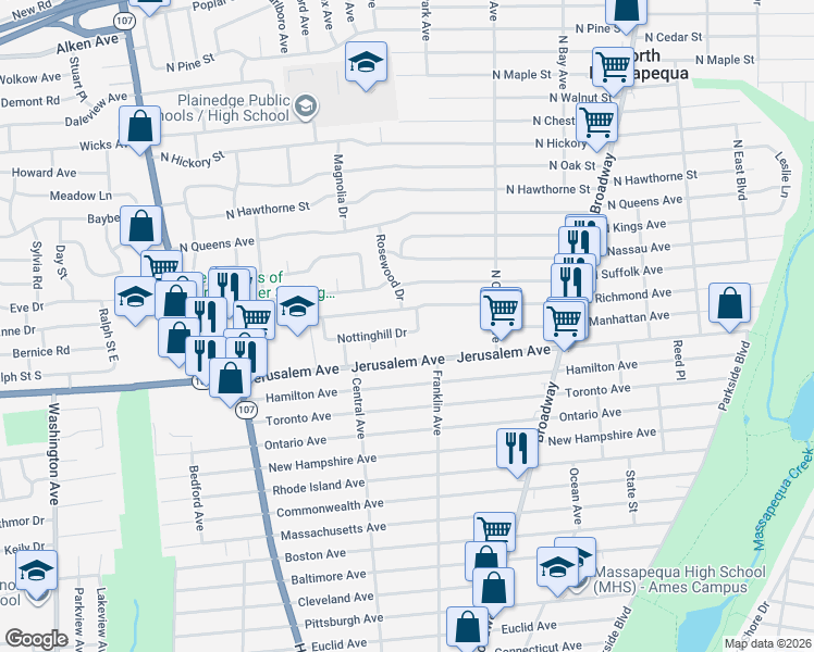 map of restaurants, bars, coffee shops, grocery stores, and more near 274 North Richmond Avenue in Massapequa