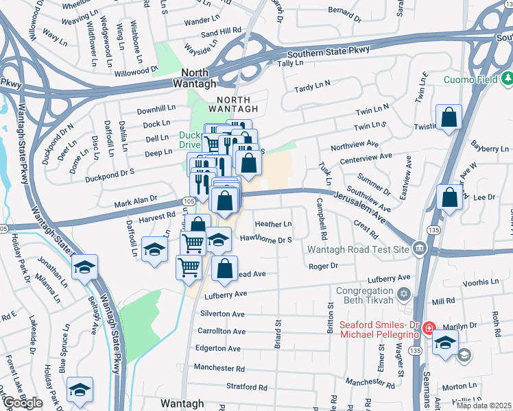 map of restaurants, bars, coffee shops, grocery stores, and more near 3400 Jerusalem Avenue in Wantagh