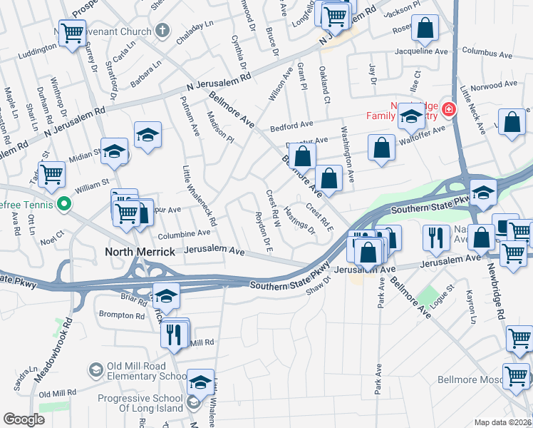 map of restaurants, bars, coffee shops, grocery stores, and more near 83 Crest Road West in North Merrick