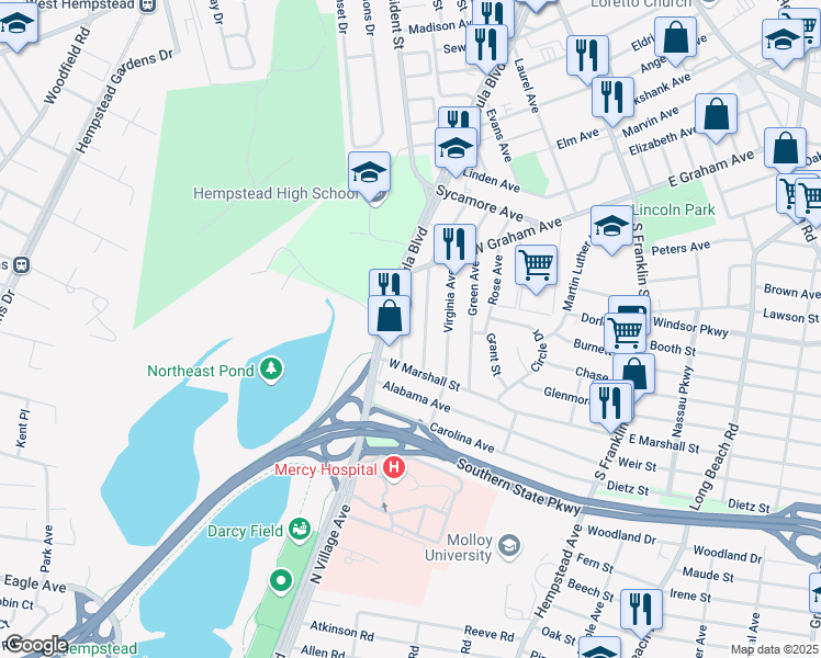 map of restaurants, bars, coffee shops, grocery stores, and more near 127 Mason Street in Hempstead