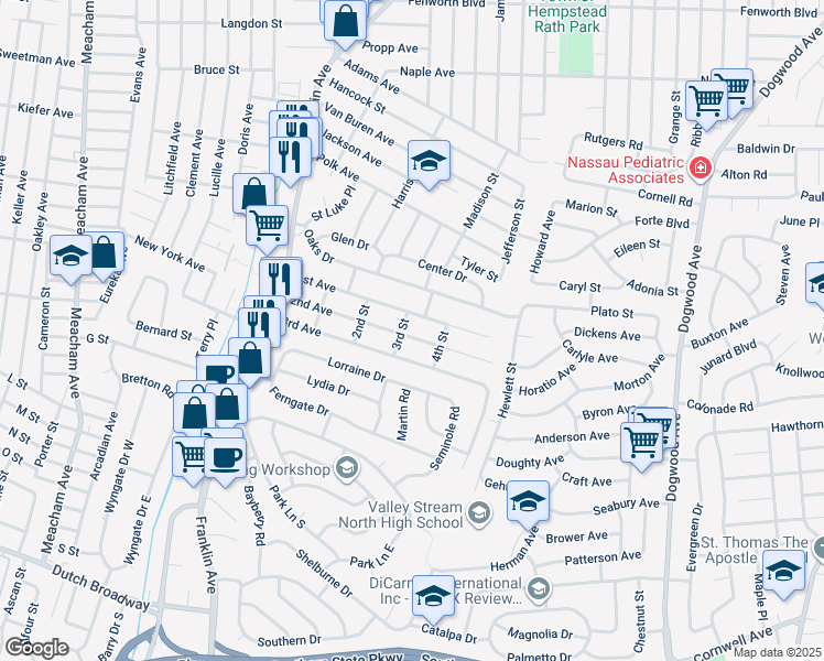 map of restaurants, bars, coffee shops, grocery stores, and more near 947 1st Avenue in Franklin Square